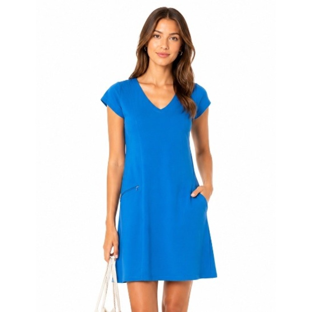 Toad&Co Dress Womens Medium Blue Turquoise Aquaculture SS V-Neck Side Zip Pocket